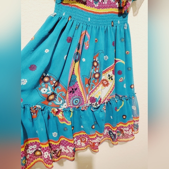 RAMPAGE Boho Smocked Square Neck Flirty Turquoise Dress - Picture 3 of 5